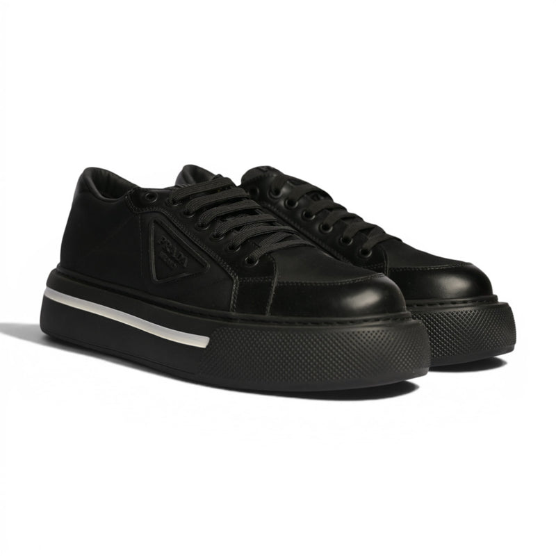 Prada Triangle Black Leather with White Lane Sneakers